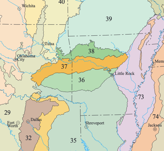 A map of the Ouachita mountain ecoregion in south central USA
