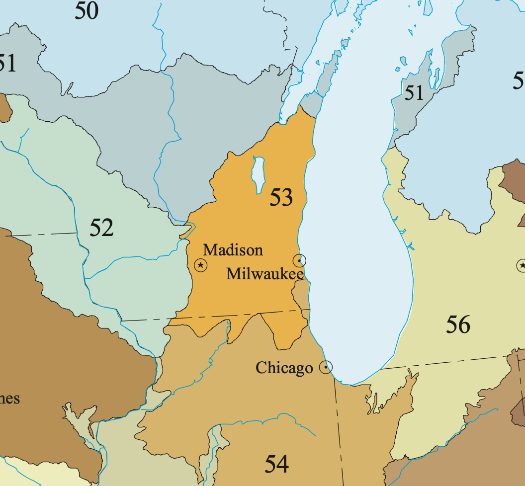 illustrated map of ecoregion 53 in souteastern wisconsin